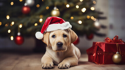 A Labrador puppy dog on christmas day wearing a christmas hat sat next to a christmas tree