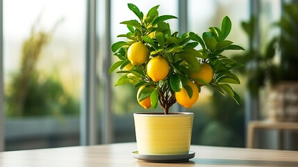 Indoor lemon plant in a flower pot with fruits in a lighted kitchen. Copy space.