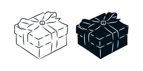 Gift box with ribbon hand drawn line sketch. Vector black and white silhouette illustration