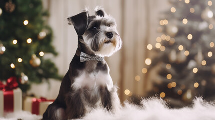 Miniature Schnauzer dog on christmas day wearing a christmas hat sat next to a christmas tree