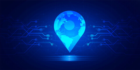 Abstract digital technology futuristic map pin point blue background, Cyber science tech layout, Innovation future Ai big data, Global internet network connection, Cloud hi-tech illustration vector