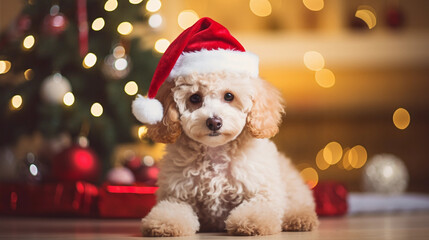 Poodle dog on christmas day wearing a christmas hat sat next to a christmas tree