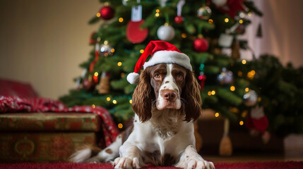 Springer Spaniel dog on christmas day wearing a christmas hat sat next to a christmas tree