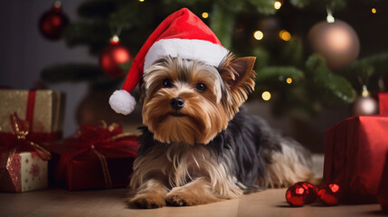 Yorkshire Terrier dog on christmas day wearing a christmas hat sat next to a christmas tree