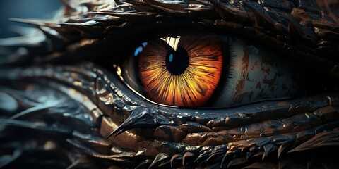 Myth fantasy dragon eye. Macro close up illustration decoration graphic art view lokk watching at you | Generative AI