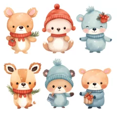 Fotobehang Set of watercolor cute fuzzy animals in cozy scarf and festive outfits, bear, deer, isolated on white background, cute character, winter season, holiday © Studio Murmur