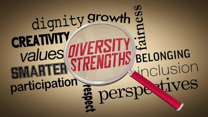 Diversity Strengths Magnifying Glass Benefits of Equity Inclusion Diverse Workforce Team 3d Animation