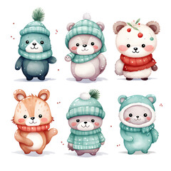 Fototapeta premium Set of watercolor cute fuzzy bears in cozy scarf and hats isolated on white background, kawaii character, winter season, holiday