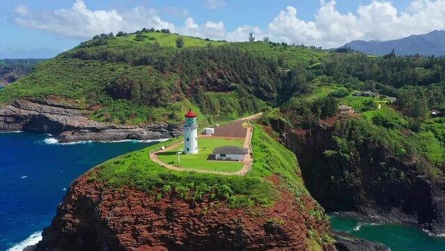 Kilauea Lighthouse Kauai Hawaii Drone Flyover Wide Shot Circling