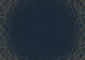 Deep blue textured paper with vignette of golden hand-drawn pattern with golden glittery splatter. Copy space. Digital artwork, A4. (pattern: p10-2b)