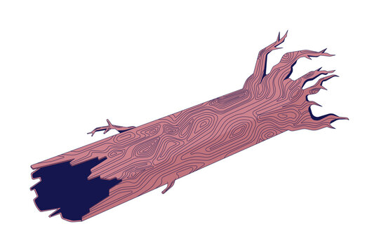 Autumnal old tree trunk 2D linear cartoon object. Cracked wood isolated line vector element white background. Dry trunk. Fall season. Fallen tree lying on ground color flat spot illustration