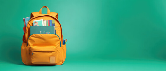 Isolated on a green background with copy space for text on the right, a full yellow school backpack...