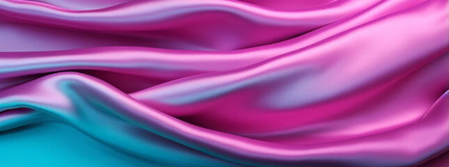 Obraz premium Pink turquoise silk satin. Gradient. Wavy folds. Shiny fabric surface. Beautiful purple teal background with space for design