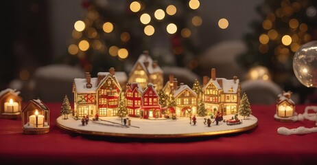 A small illuminated model village toy is displayed with candles on a bokeh Christmas table. quaint, snow-covered small town for Christmas. Christmas vacations. holiday card - obrazy, fototapety, plakaty
