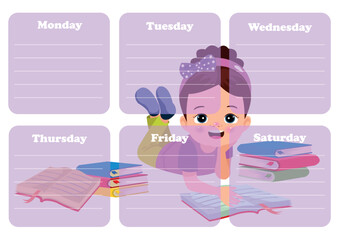 Back to school timetable. Hand drawn. Classroom timetable. Plan note education. Planner, table class. Child, academic template. Organizer paper weekly. Vector illustration.