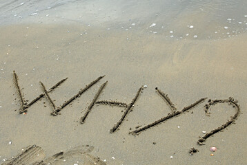 TEXT WHY with the question mark written on sand by the sea ideal as end for presentations and FAQ