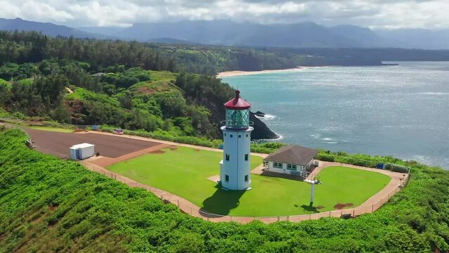 Kilauea Lighthouse Kauai Hawaii Drone Closeup Circle Around