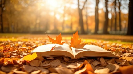 Naklejka na ściany i meble Open book in a park in the fall. copy space. Book with leaves of autumn on it on a bright day. Autumnal park scenery with warm bokeh. enjoyment, tranquility, and time alone in nature