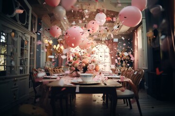 Dinner table with dishes, balloons and confetti in a luxurious house. Birthday or Christmas or wedding celebration concept. Generative AI