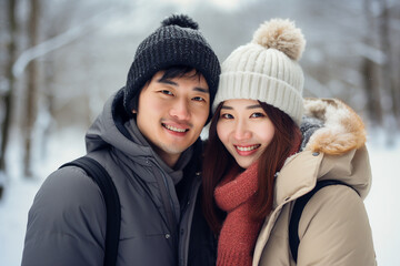 Image generative AI concept of young happy sweet couple in love walking cuddling in the park