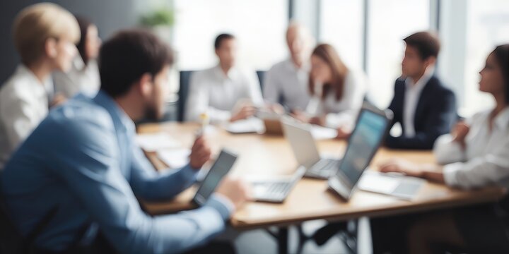 Business idea. People gathered at the table are softly blurred. Background of an abstract, blurred office interior. 