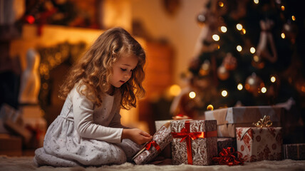 A little girl sits on the floor in a festively decorated living room on Christmas Eve next to presents.