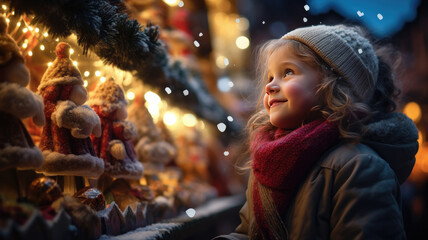 A little girl looks enthusiastically at the sweets that are sold at the Christmas market.