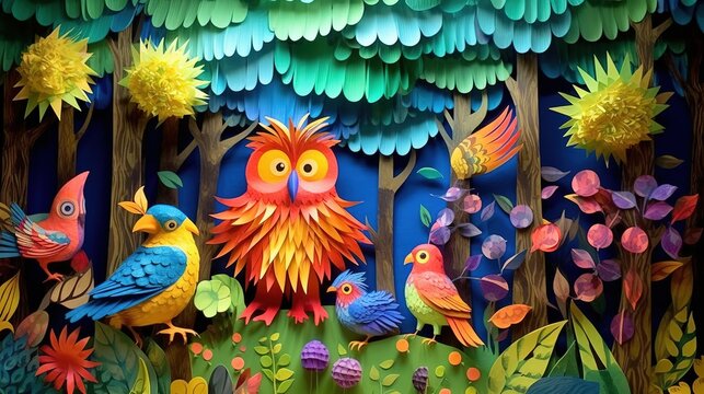 Bright composition in origami style with tropical birds on the background of the forest. Paper crafts. Illustration for cover, postcard, greeting card, interior design, decor.