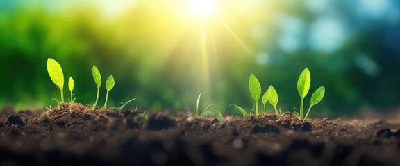 Ecology concept: the seedlings are developing from the fertile soil to the bright morning sunlight. a broad panorama banner - obrazy, fototapety, plakaty