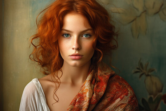 Beautiful young redhead woman with headscarf vintage style AI generated image