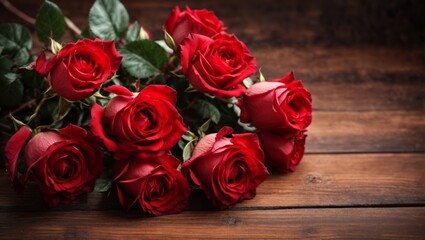 A bouquet of red roses on a wooden surface, romantic view