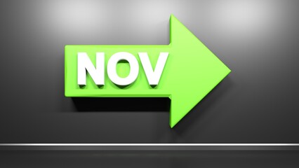 NOV for november on a green arrow to right side - 3D rendering Illustration