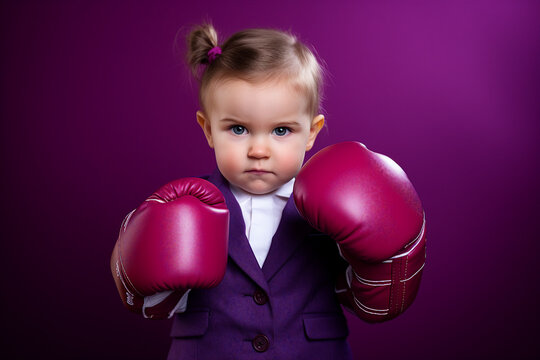 Generative AI photo of funny small child in boxing gloves training physical exercises in a ring