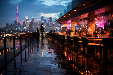 Vibrant rooftop party in the urban skyline.
