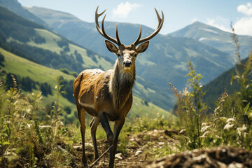 Majestic mountains, deer grazing in the summer day.
