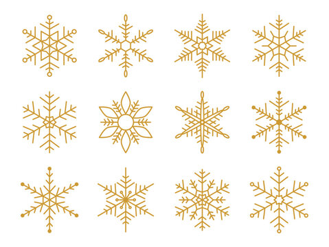 Gold snowflake for snow design. Golden silhouette snowflakes isolated on white background. Freeze symbol. Snow flake icon. Ice crystal shape graphic. Clipart for winter prints. Vector illustration