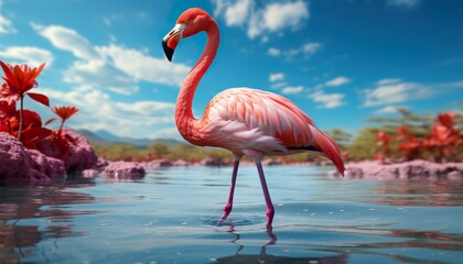 Fototapeta premium a pink flamingo standing in the water at sunset with a pink sky | Generative AI