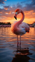 a pink flamingo standing in the water at sunset with a pink sky | Generative AI