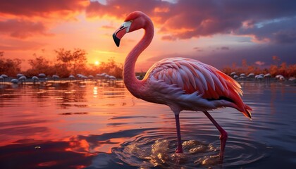 a pink flamingo standing in the water at sunset with a pink sky | Generative AI