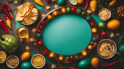 Top view of ingredients for mexican food on dark background with copy space