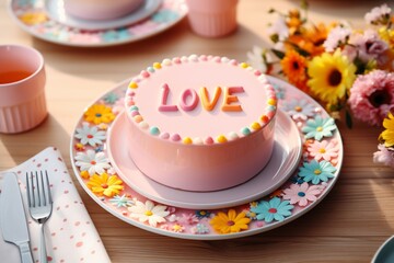 pink cake decorated with letters Love, on a table with colorful plates and flowers. Valentine or wedding celebration concept. Generative AI