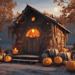 a pumpkin with eyeholes with candles burning in them the pumpkin stands on the porch of the hut