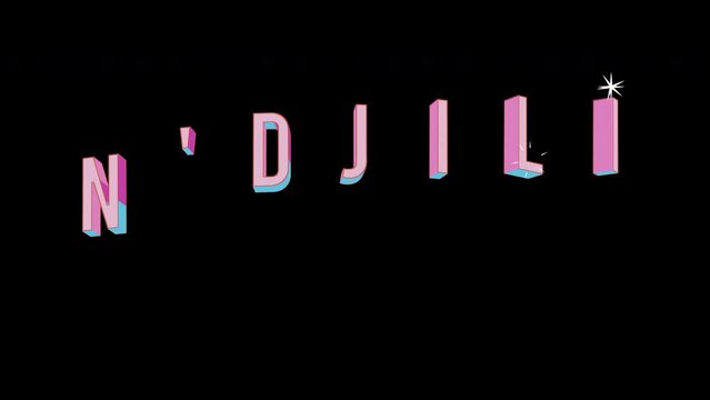 Bright letters jump merrily in the inscription N'DJILI district of the city. Retro. Alpha channel black. Looped from frame 120 to 240, Alpha BW at the end