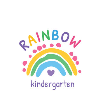 Abstract rainbow icon, colorful semicircle creative emblem. Dashes colored lines logo template. Concept of art logotype design for business, startup and nature. Cute kindergarten sign.