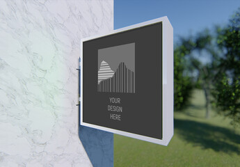 Outdoor Square Logo Sign On White Marble Wall Mockup