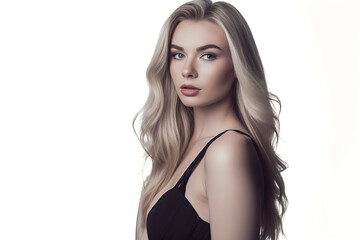 Fototapeta premium Blonde Elegance: A Graceful Woman in a Stunning Black Dress Poses Against a White Background, ai generative