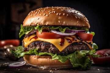 Rich American Cheeseburger on a Wooden Background
