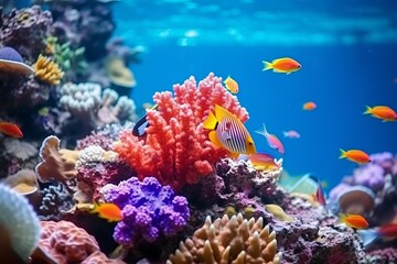 Fototapeta na wymiar colorful fish swimming around beautiful corals under the sea