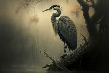 heron in the water in the style of Chinese painting - obrazy, fototapety, plakaty