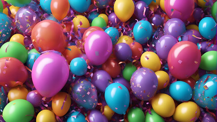 3d render of colorful balloons and confetti on a white background
